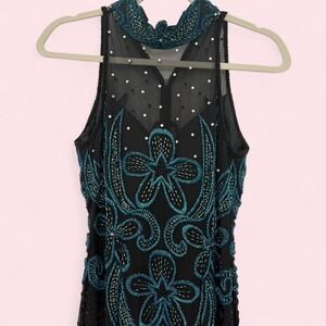 Vintage Ath Day Pinky Creations Black & Teal Beaded Maxi Dress Size 4